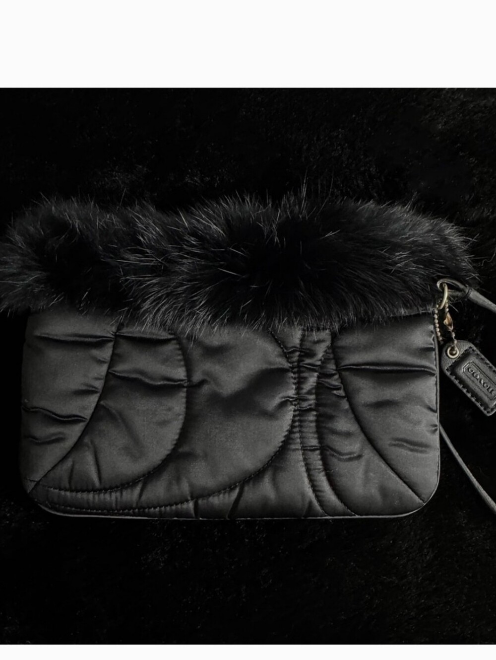 Coach Soho Ski Rabbit Fur Trim Black Quilted Plushy Satin Wristlet with Hangtag